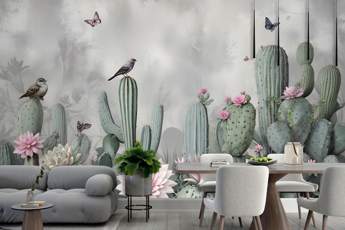 Watercolor Cactus With Flowers Wallpaper Mural