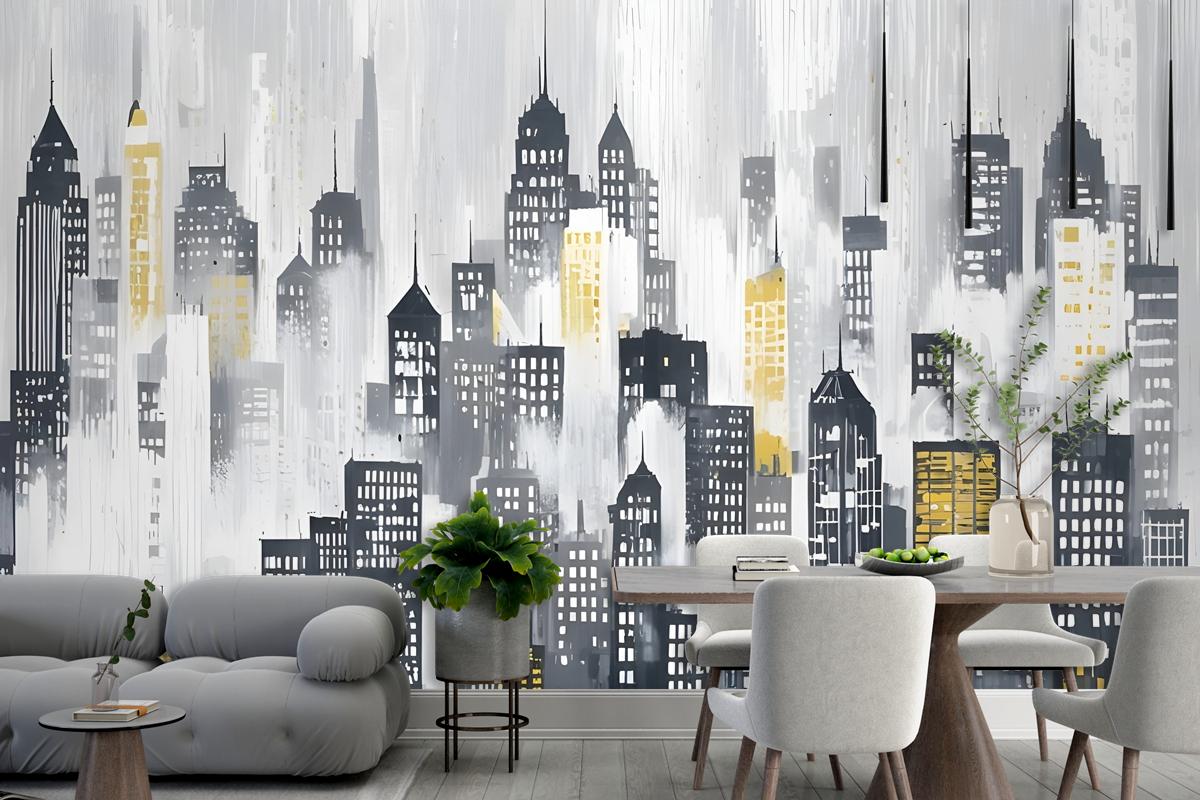 Watercolor City Silhouette Wallpaper Mural