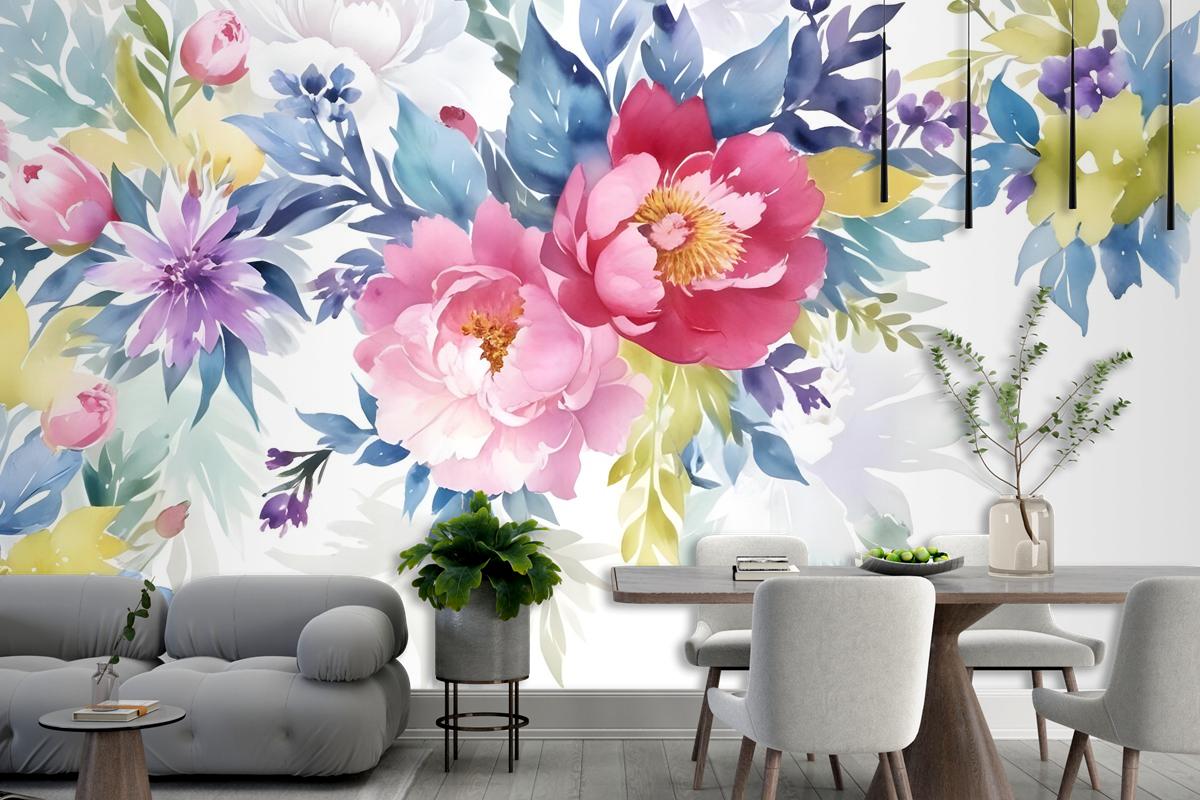 Watercolor Colorful Peony Flowers Wallpaper Mural