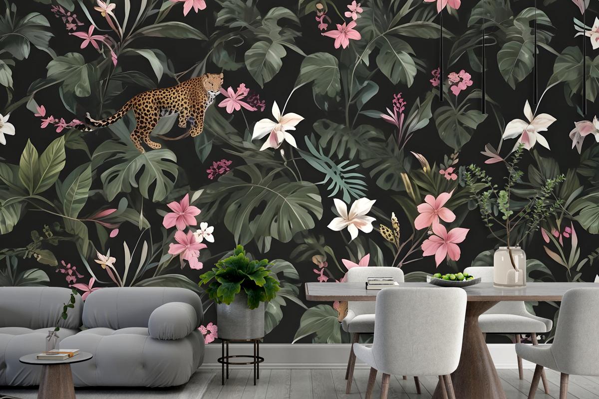 Watercolor Dark Tropical Art With Leopard Wallpaper Mural