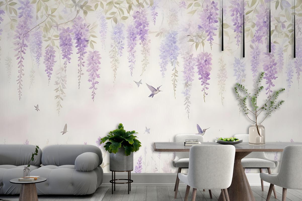 Watercolor Hanging Wisteria Flowers With Hummingbirds Wallpaper Mural