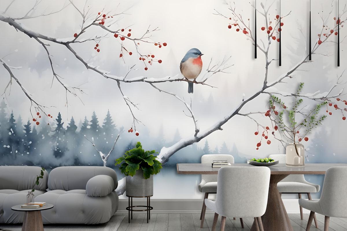 Watercolor Lake Landscape With Birds Wallpaper Mural
