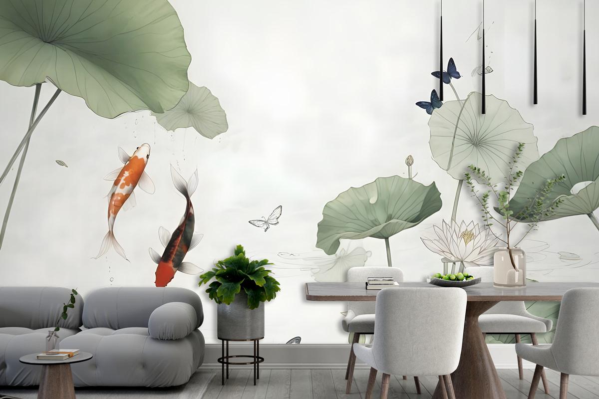 Watercolor Lotus Flower And Butterflies Wallpaper Mural