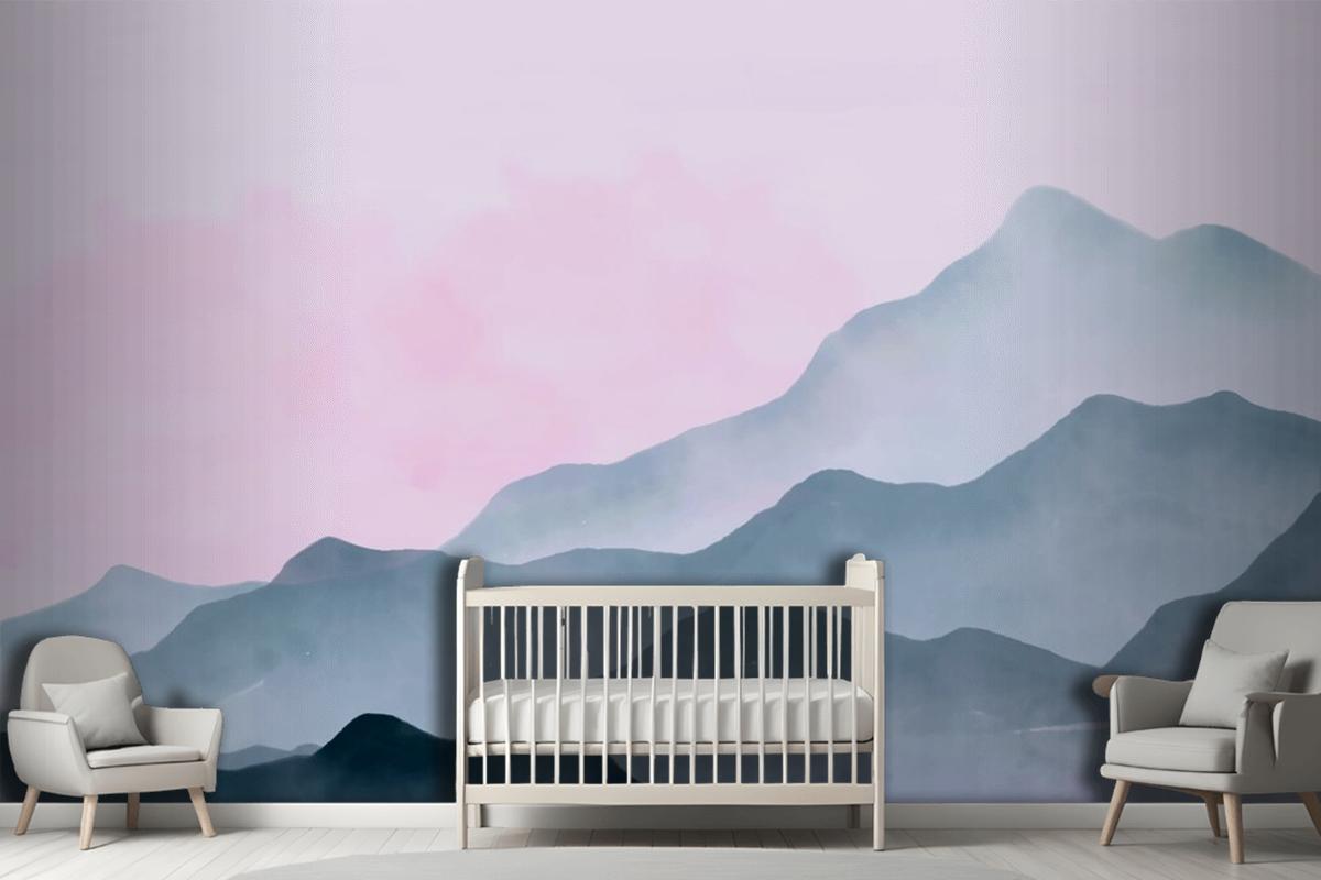 Watercolor Mountains Background With Pink Sky Wallpaper Mural