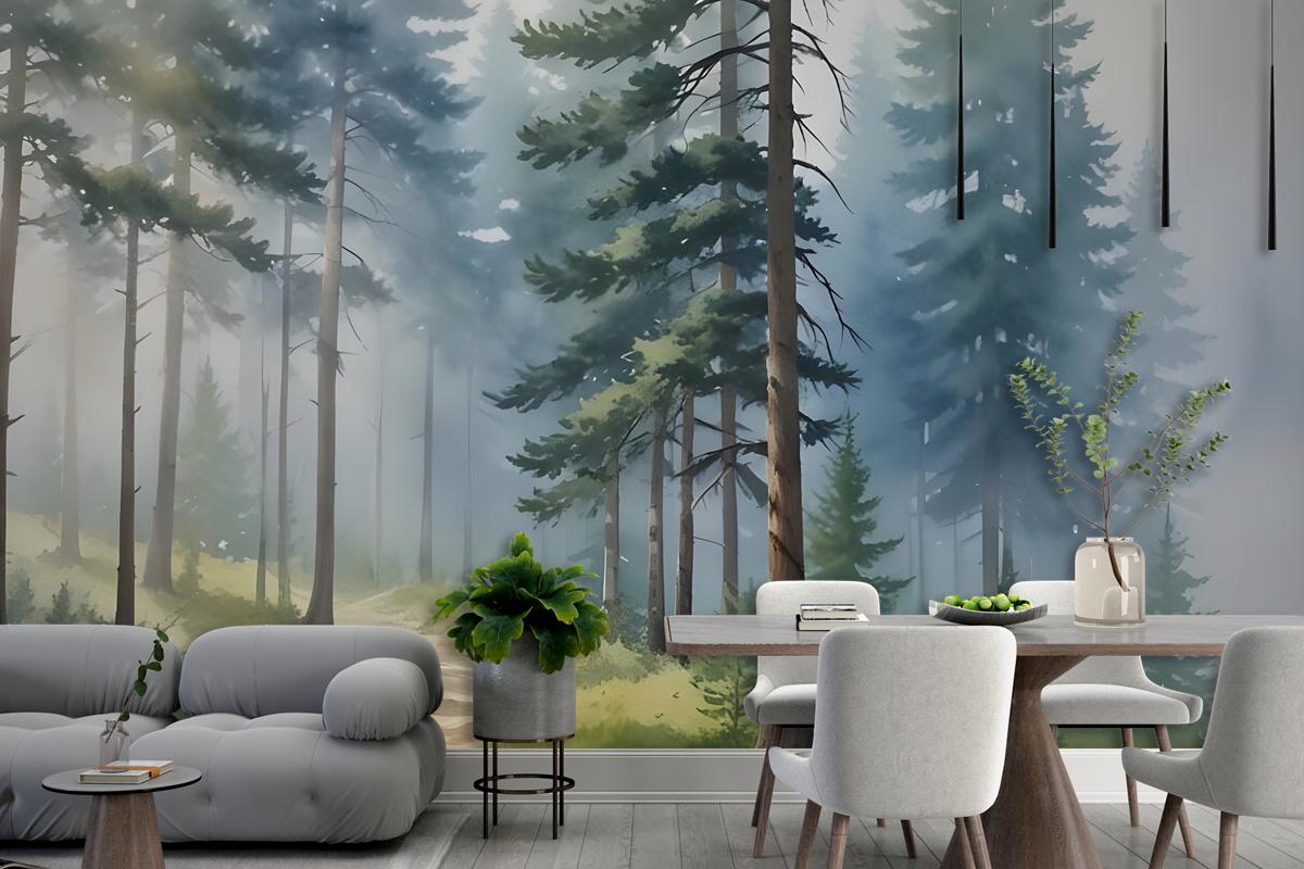 Watercolor Painting Misty Forestscape Wallpaper Mural