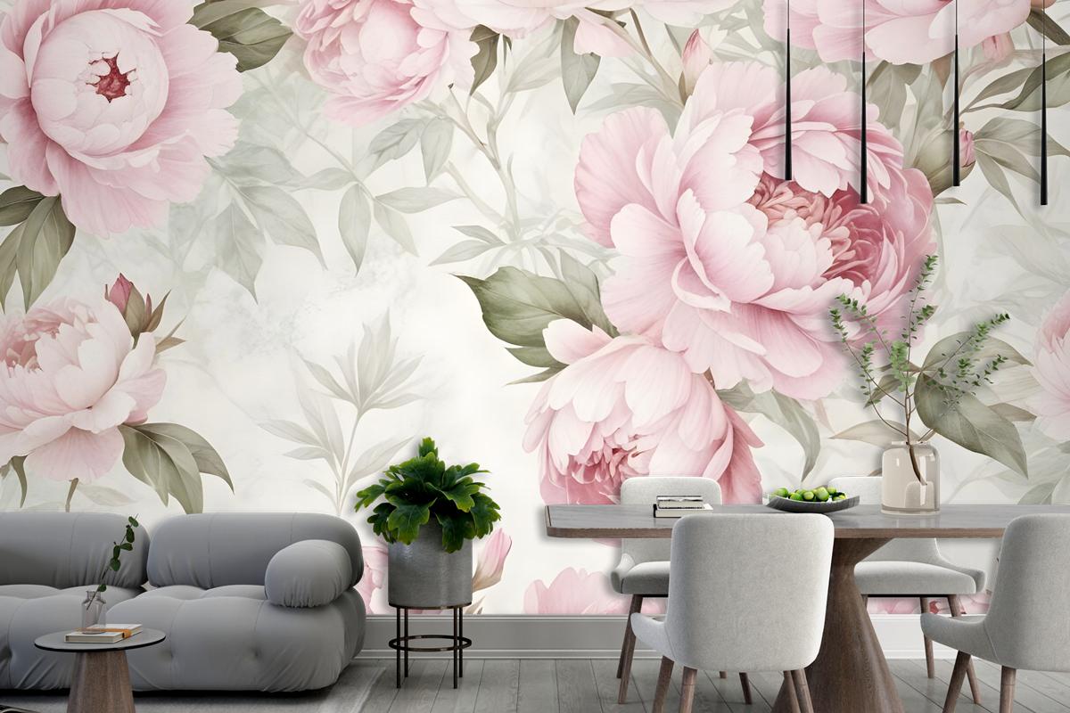 Watercolor Pink Peony Floral Blossom Wallpaper Mural