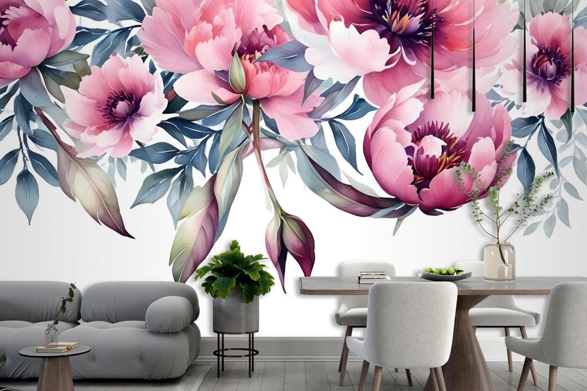 Watercolor Pink Peony Flower Wallpaper Mural