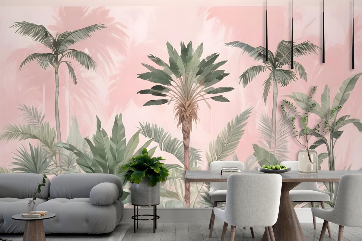 Watercolor Pink Tropical Chinoiserie Wallpaper Mural