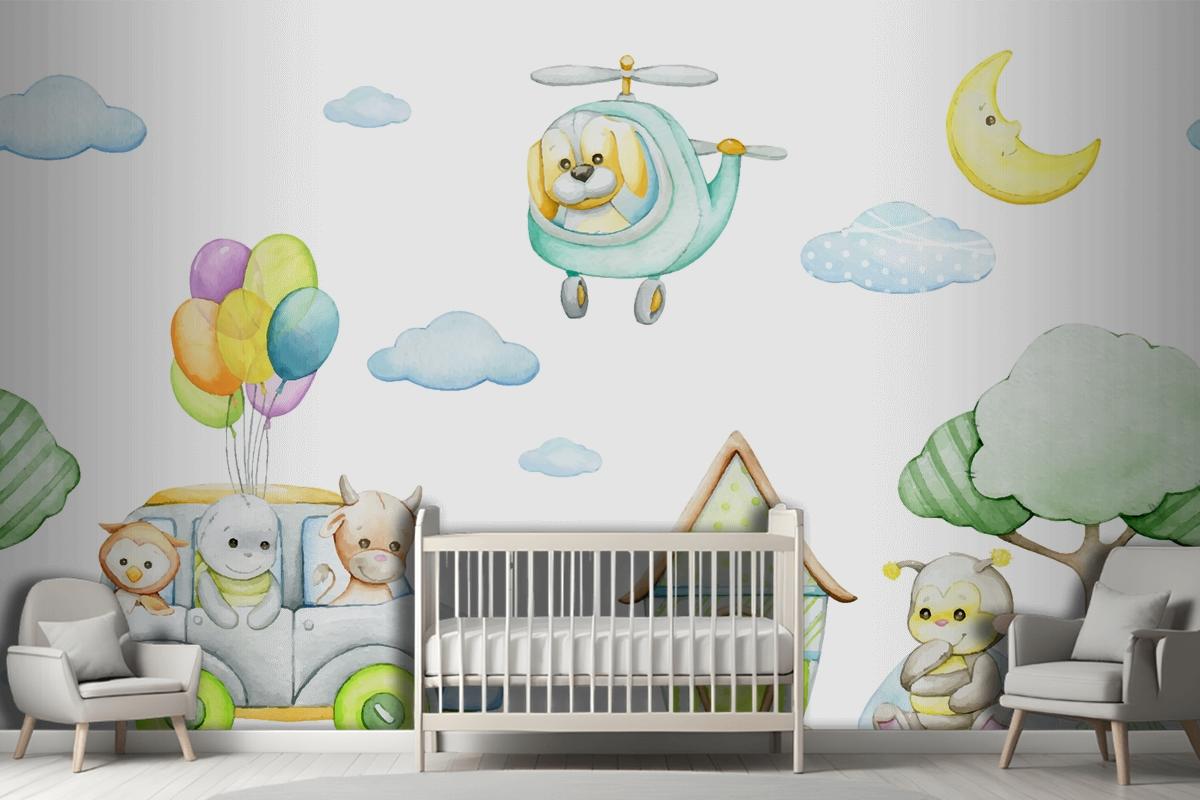 Watercolor Seamless Pattern In Cartoon Style Tropical Animals Car Helicopter Moon Wallpaper Mural