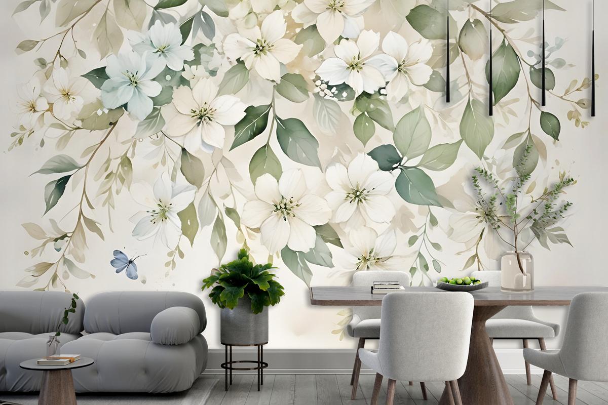 Watercolor Soft Floral With Green Leaves Wall Mural