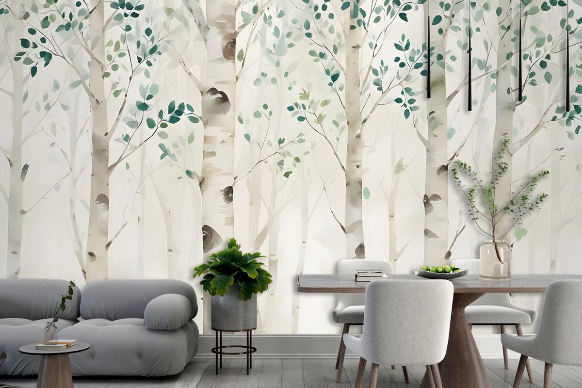 Watercolor Style Forest With Green Brown Little Leaves Wallpaper Mural