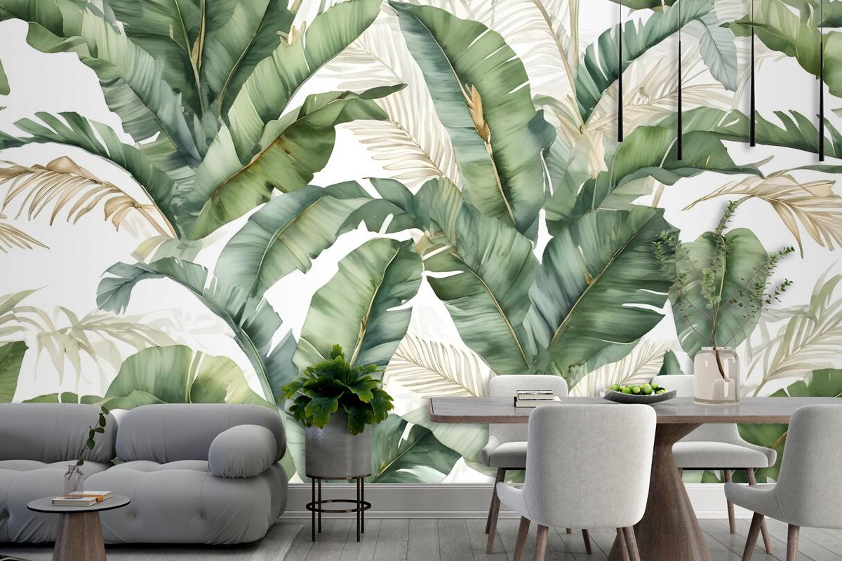 Watercolor Tropical Banana Leaf With Faux Gold Details Wallpaper Mural
