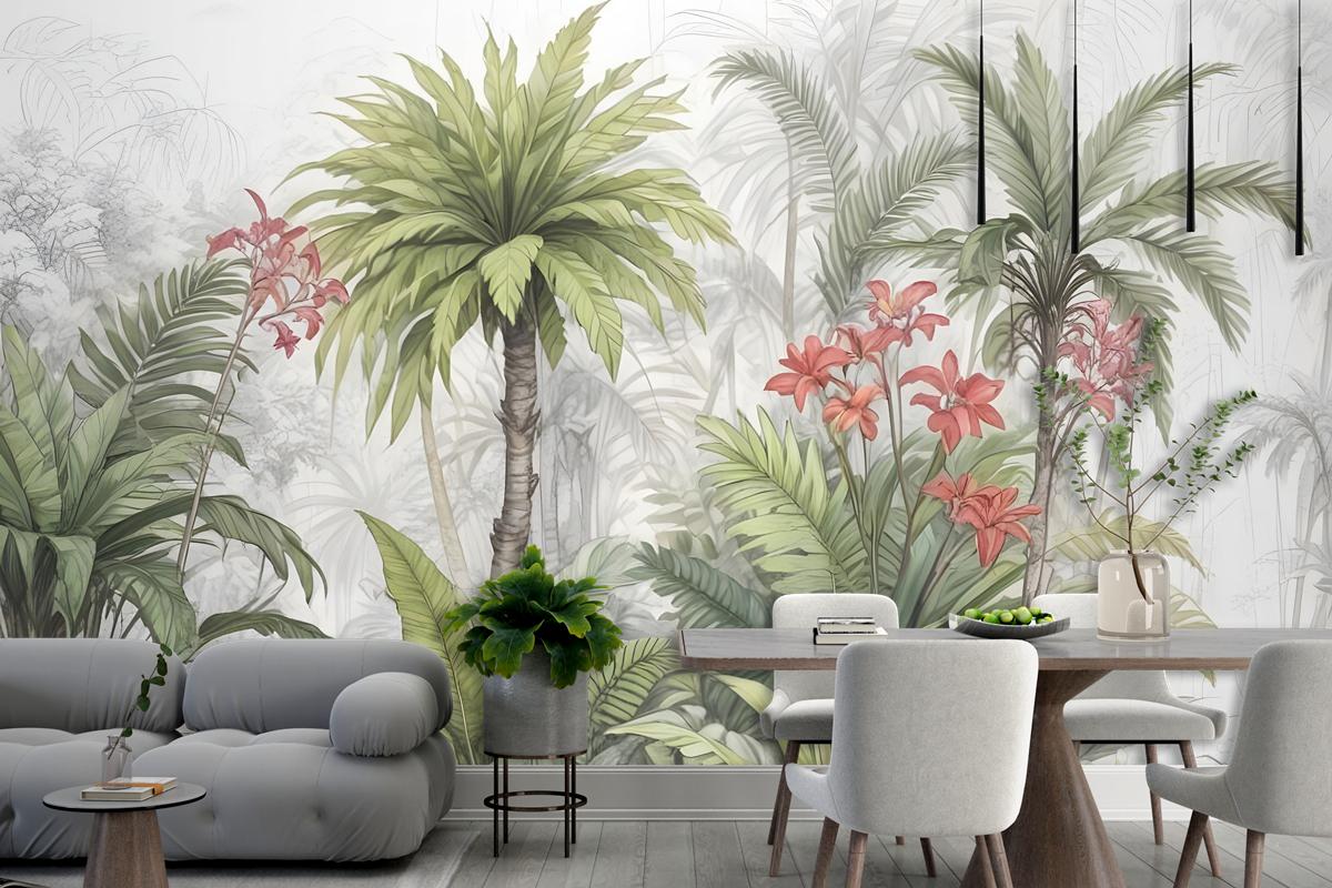 Watercolor Tropical Leaf And Flowers Wallpaper Mural