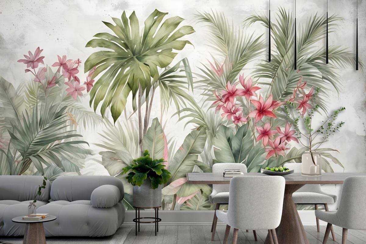 Watercolor Tropical Leaf And Flowers Wallpaper Mural