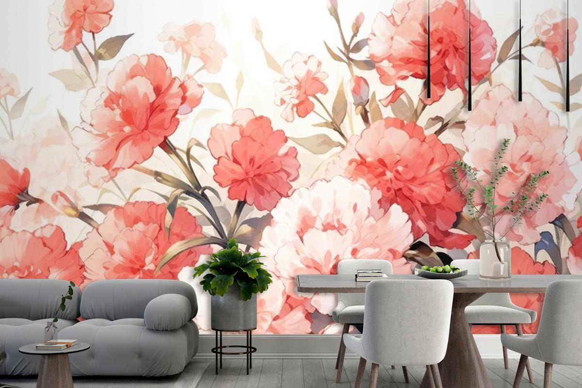 Watercolor Vintage Carnations Pattern With Complementary Colors Wallpaper Mural