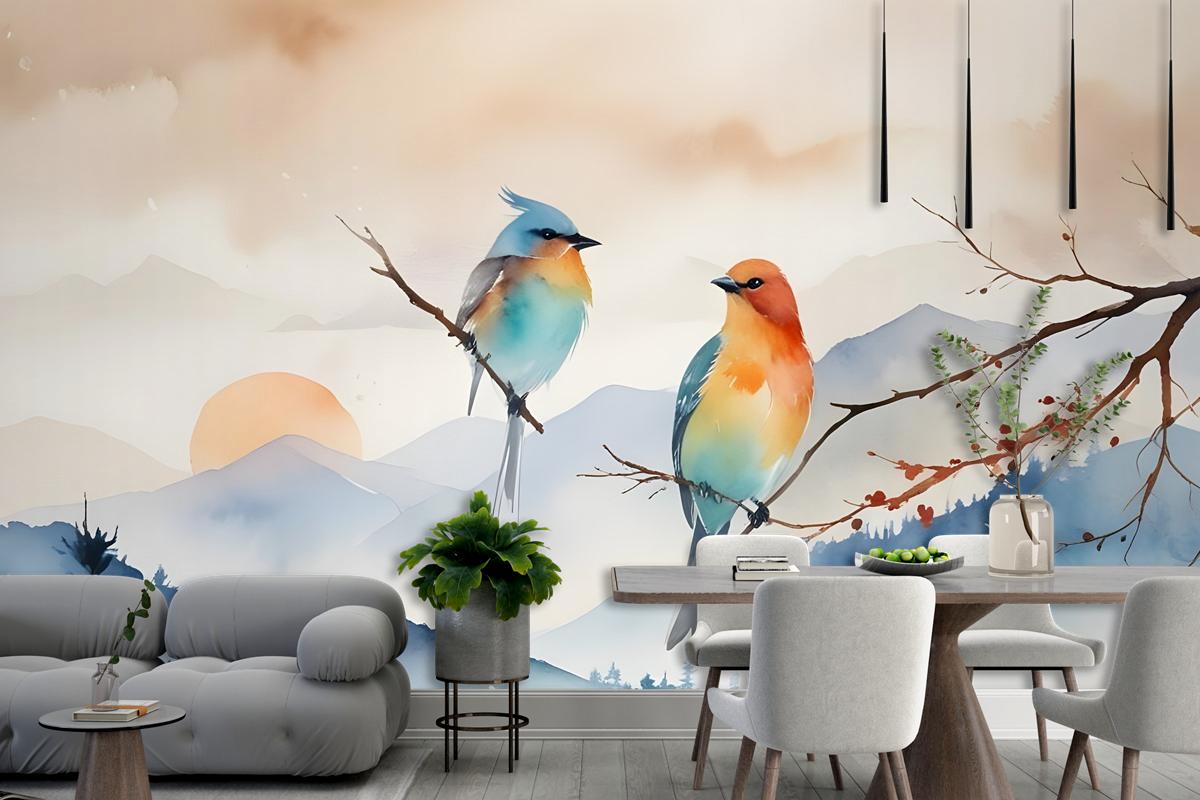 Watercolor Winter Landscape And Colorful Bird Wallpaper Mural