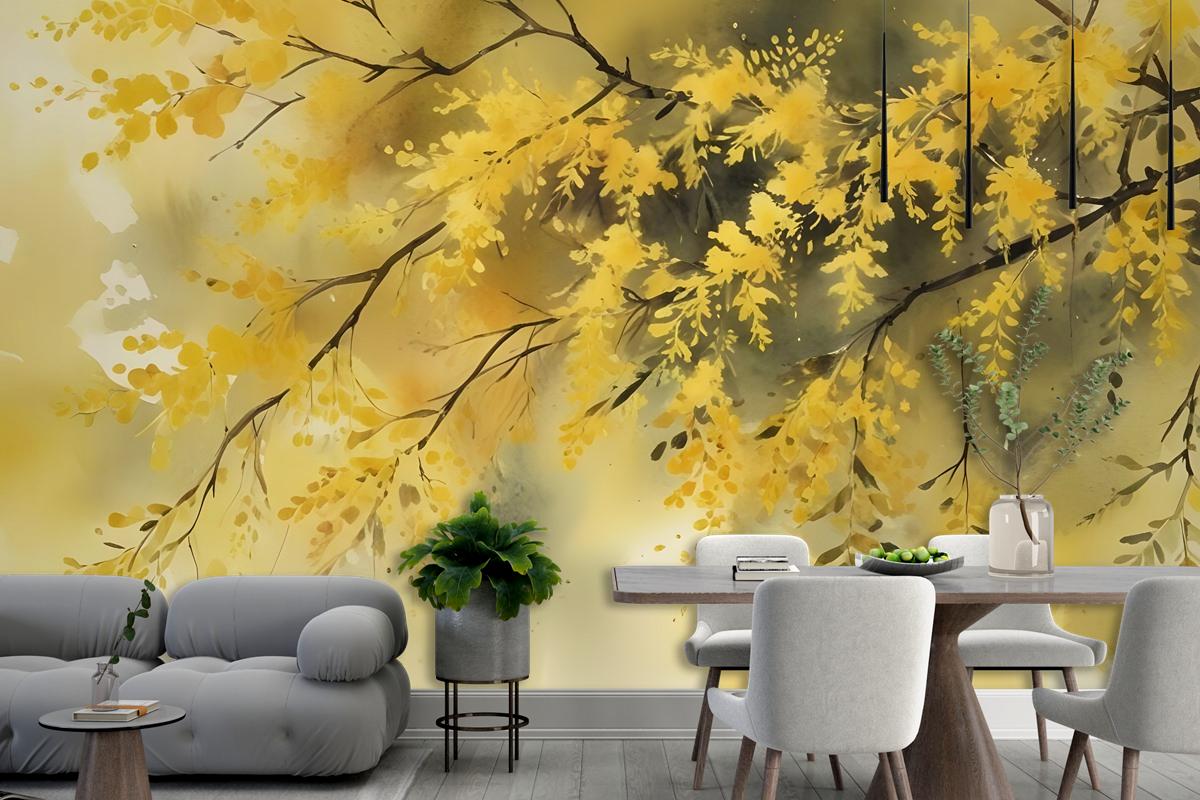 Watercolor Yellow Tree Landscape Wallpaper Mural