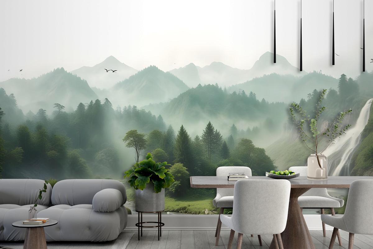 Waterfall With Misty Green Forest Landscape Wallpaper Mural
