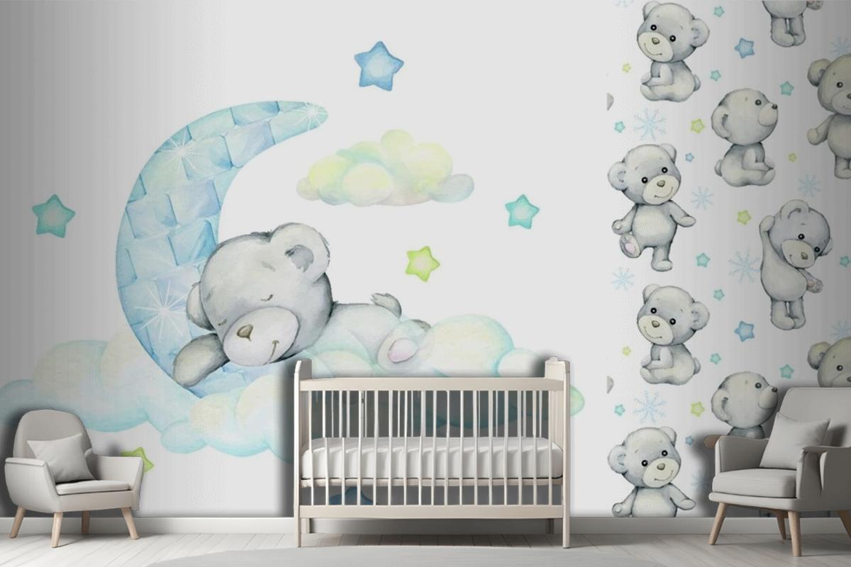 White Bear Sleeps On The Moon And Clouds Wallpaper Mural
