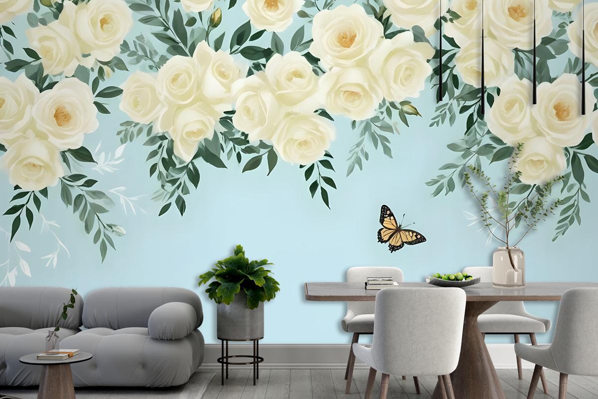 White Flowers And Yellow Butterfly Wallpaper Mural