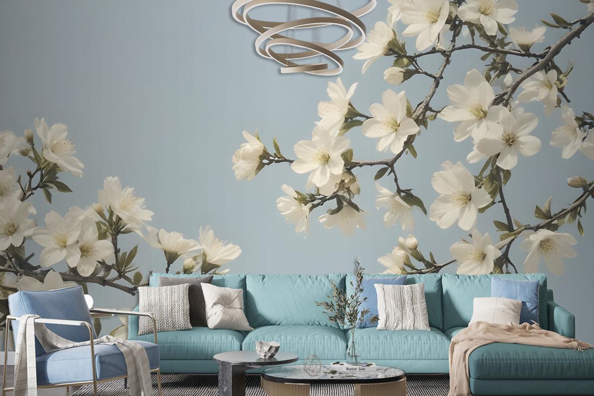 White Flowers Blooming On Tree Branches Against A Pale Blue Sky Wallpaper Mural