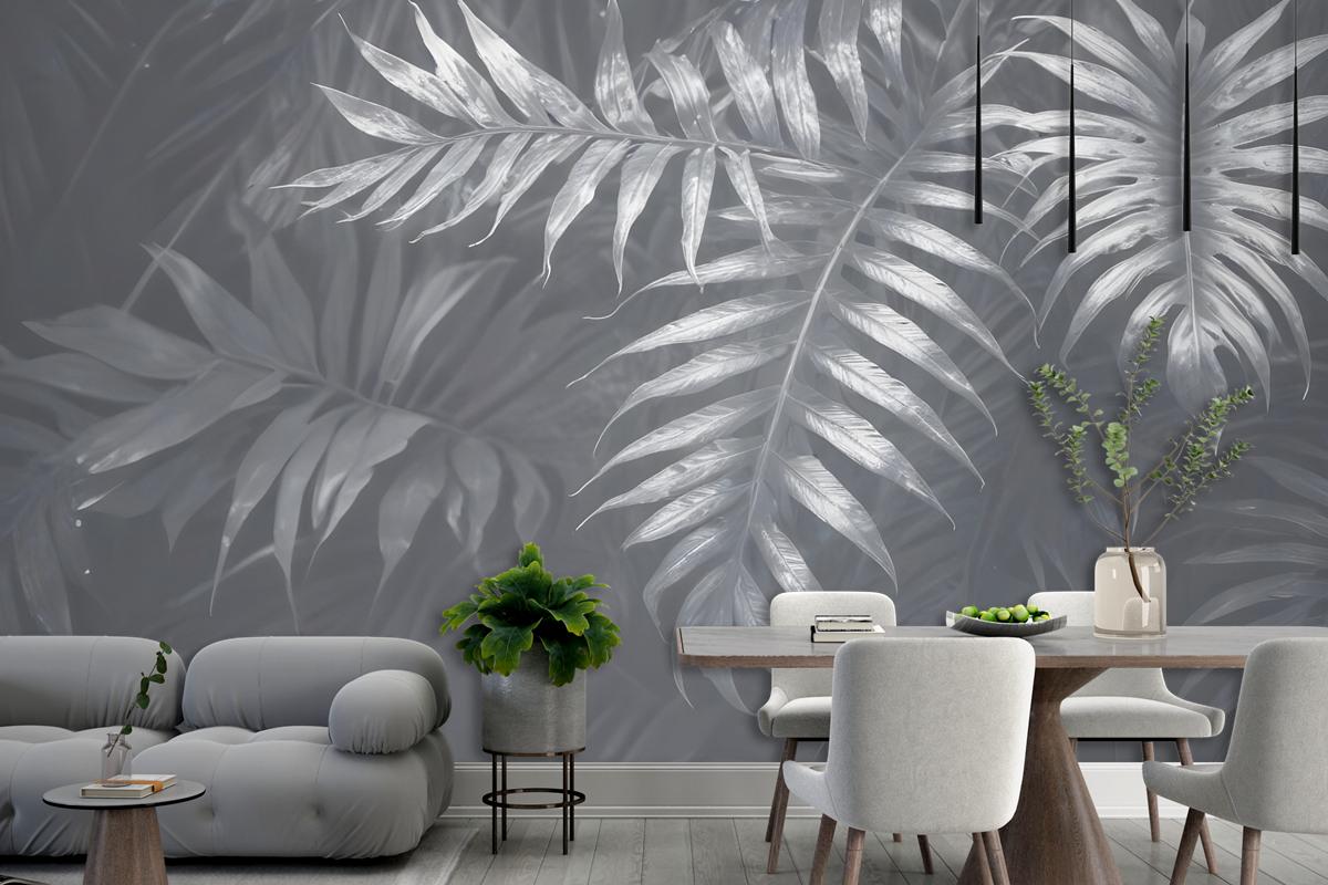 White Tropical Leafy Wallpaper Mural