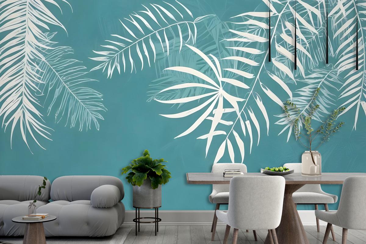White Tropical Leaves Wallpaper Mural