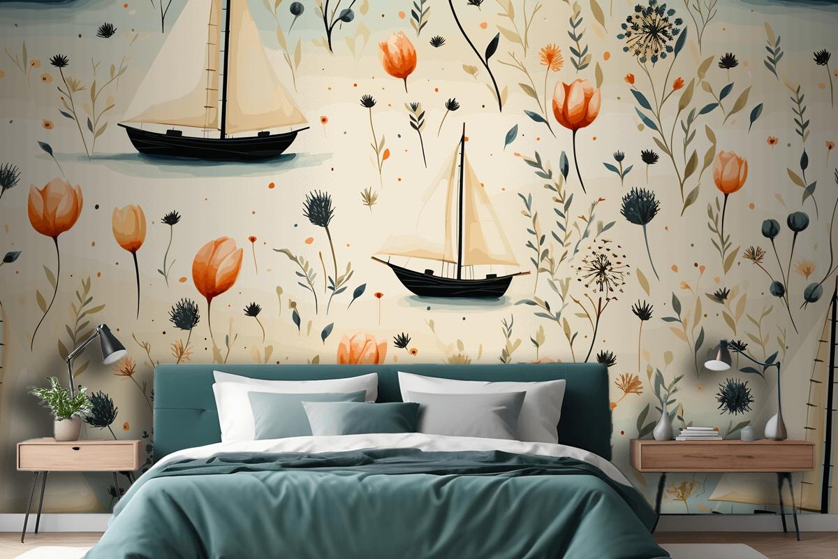 Sea Animals A Lighthouse And A Boat With Shells Starfish Bedroom Wallpaper Mural