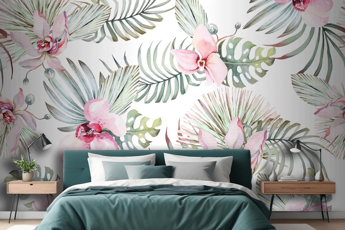 Seamless Pattern Of Tropical Plant Orchid And Flower For Fabric Bedroom Wallpaper Mural