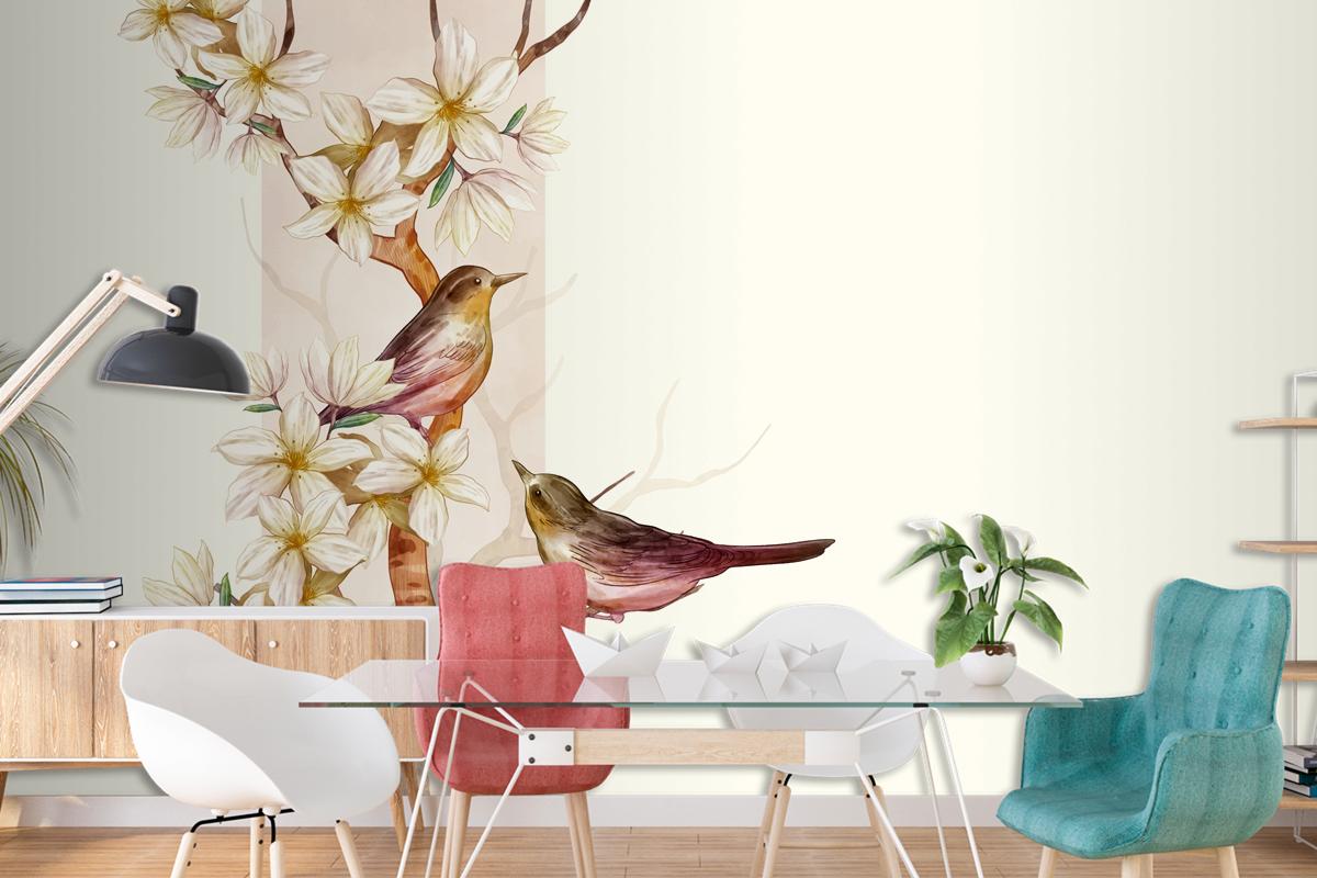 Asian Flower Watercolor With Birds Wallpaper Mural