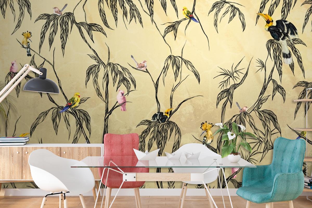 Bird In The Tropics On A Textured Beige Wallpaper Mural