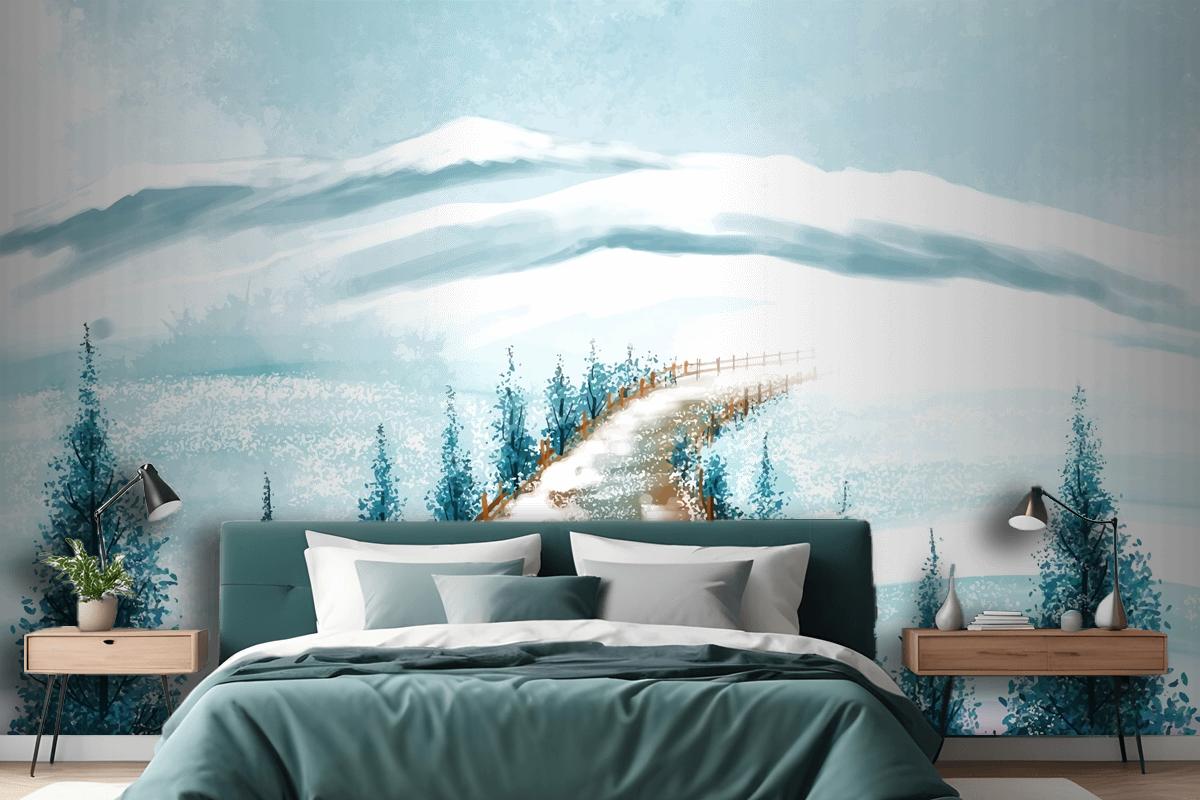 Winter Landscape With Snowy Christmas Tree Card Bedroom Wallpaper Mural