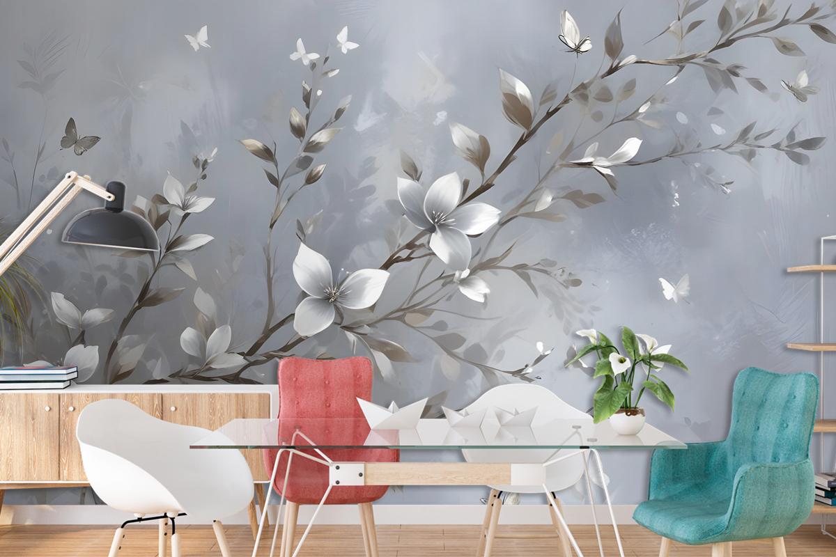3D Embossed Look Magnolia Blossom And Butterfly Wallpaper Mural