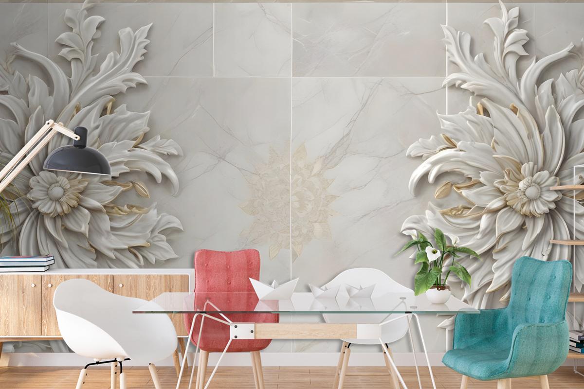3D Embossed Look Marble Sunflower Wallpaper Mural