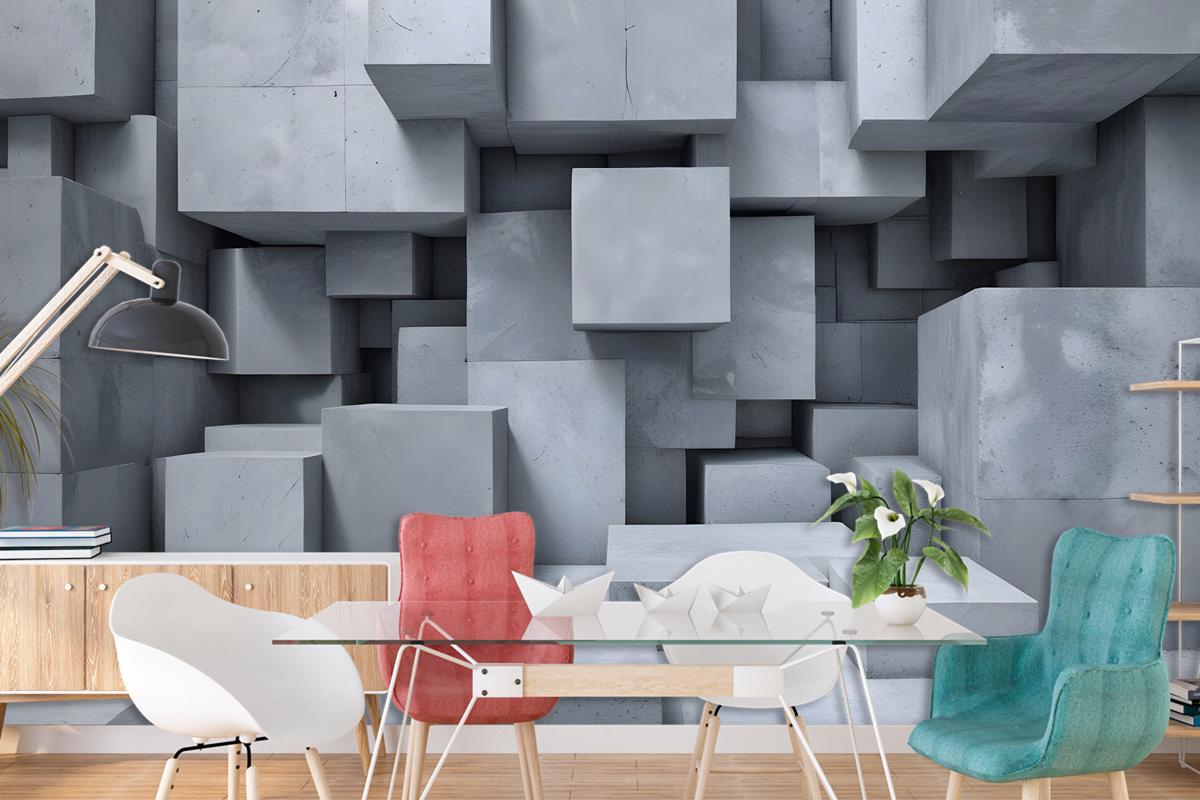 3D Look Concrete Style Gray Abstract Cubes Wallpaper Mural