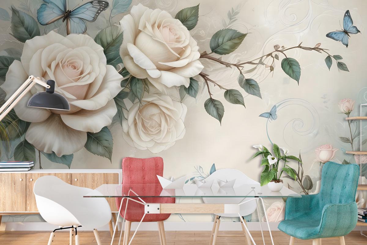3D Look Cream Rose Floral Wallpaper Mural