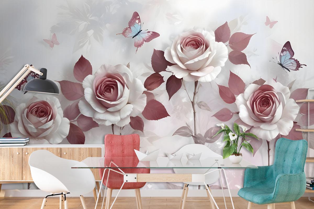 3D Look Floral With Little Butterfly Wallpaper Mural