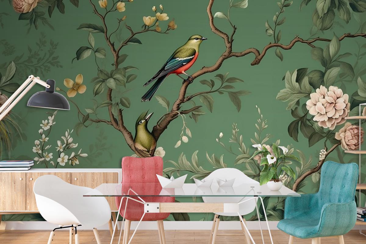 Flowers Branches Birds Golden Brushstrokes Wallpaper Mural