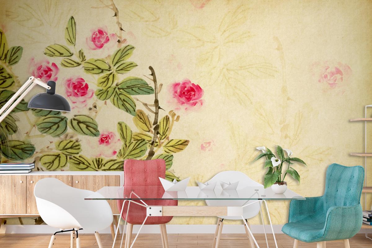 Chinese Traditional Painting Of Rose Flower On Old Paper Wallpaper Mural
