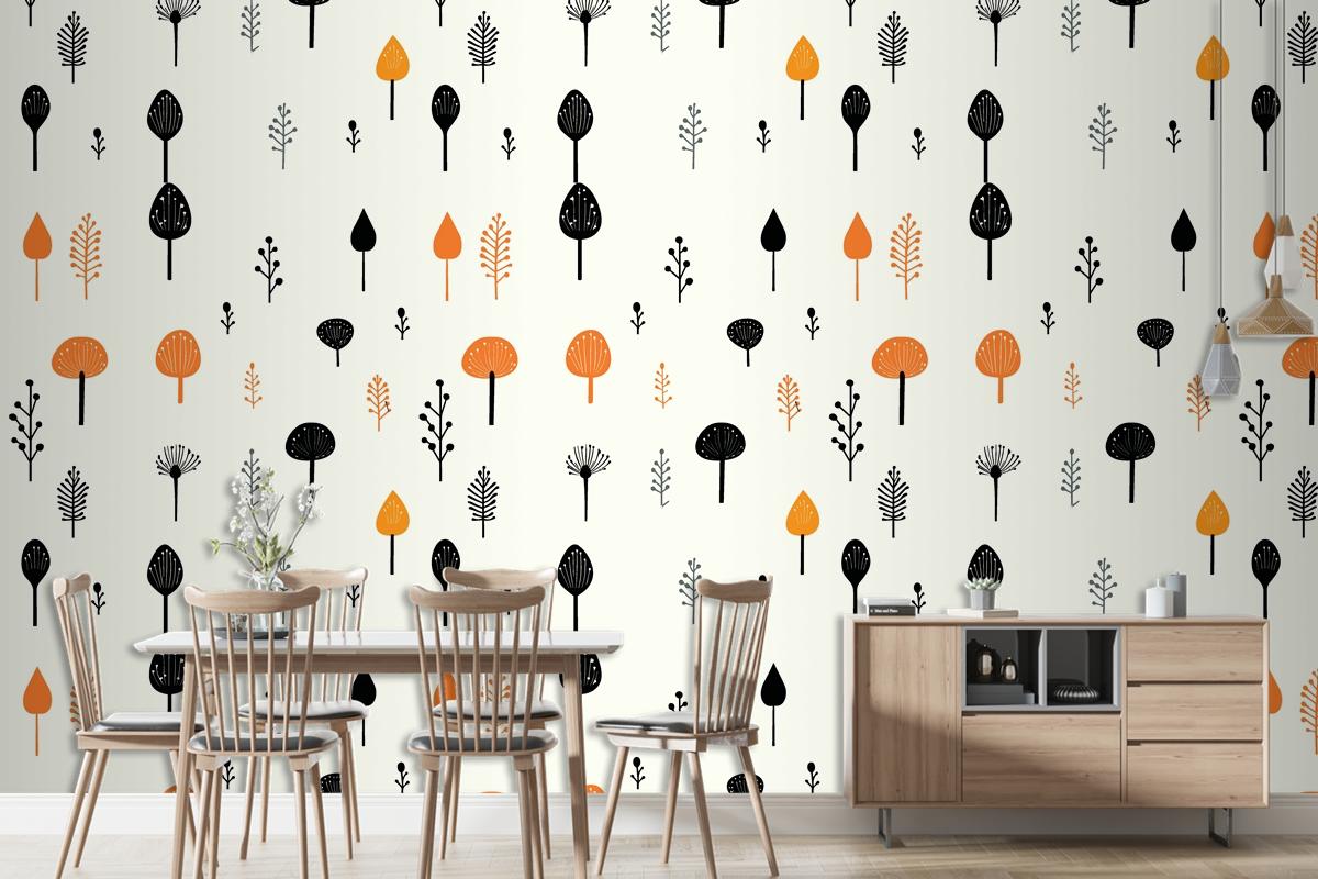Black Mushroom And Leaf Pattern On A White Living Room Wallpaper Mural
