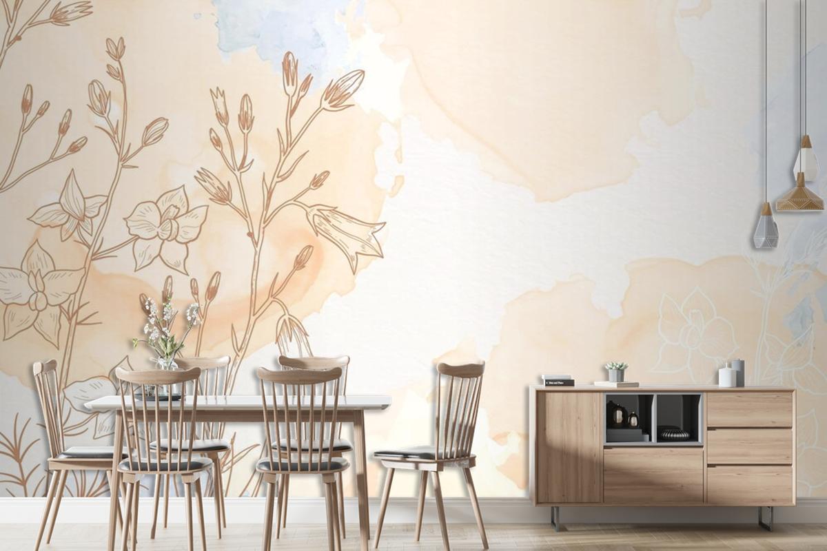 Cream Powder Pastel With Hand Drawn Flowers Living Room Wallpaper Mural