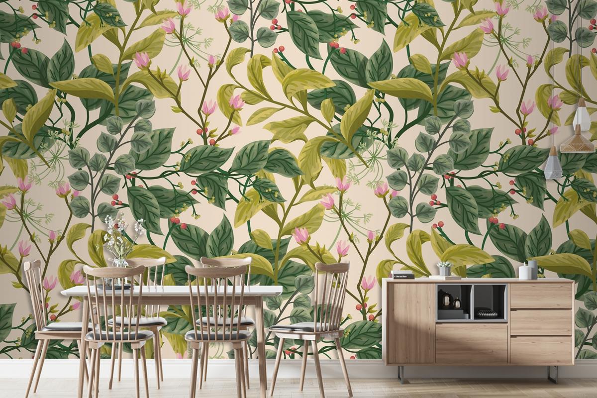Flower And Leaves Background Living Room Wallpaper Mural