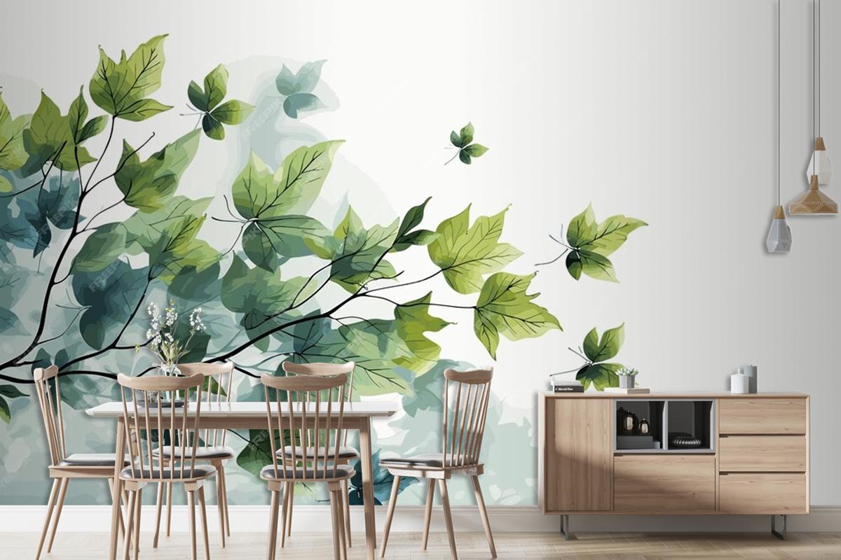 Fresh Baby Spinach Leaves On White Marble Living Room Wallpaper Mural