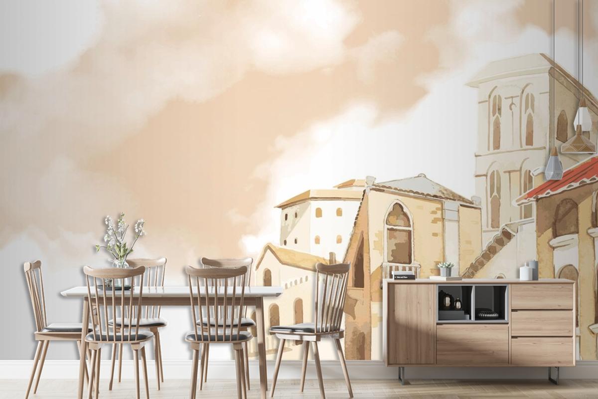 Mediterranean City Building Exterior Water Color Style Living Room Wallpaper Mural