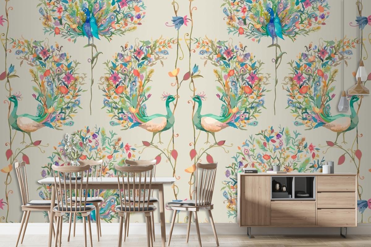 Pattern Background With Watercolor Peacock And Flower Living Room Wallpaper Mural