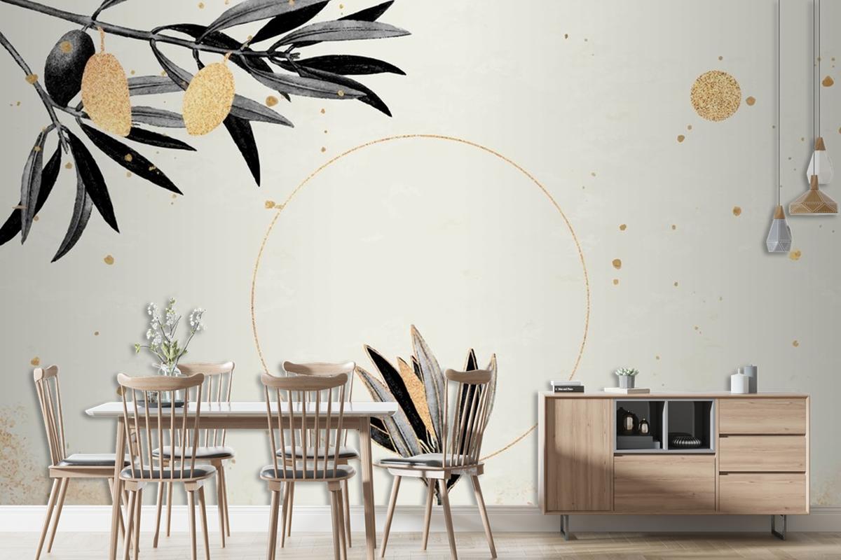 Round Gold Frame With Olive Branches Living Room Wallpaper Mural