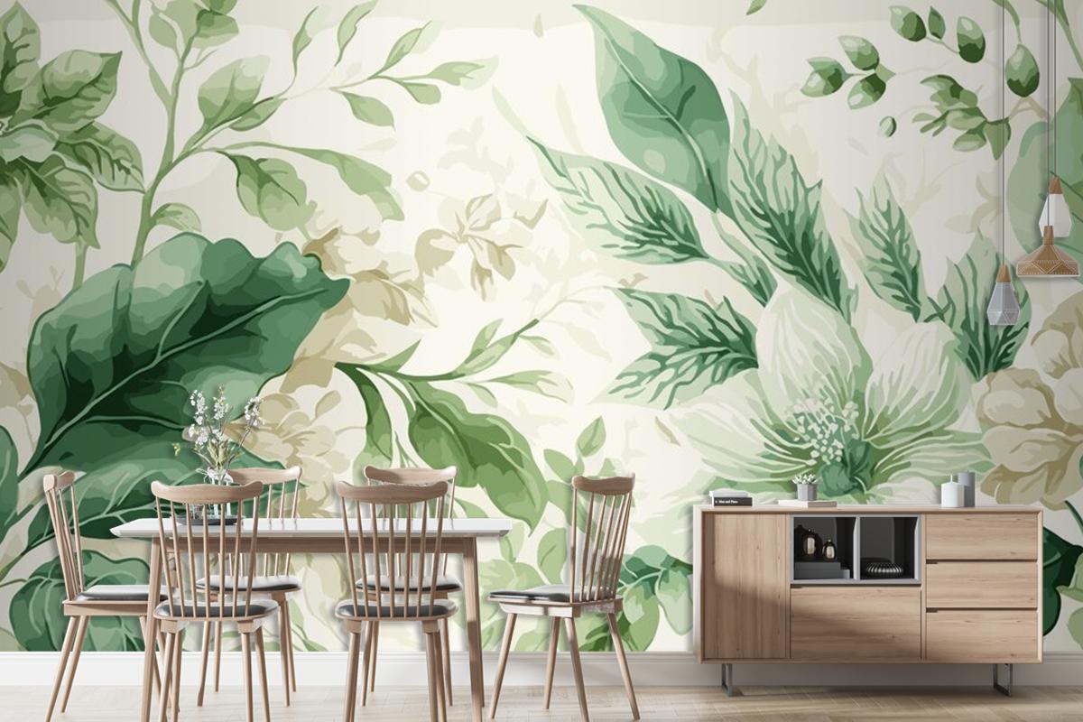 Seamless Watercolor Green And Beige Floral Pattern Living Room Wallpaper Mural