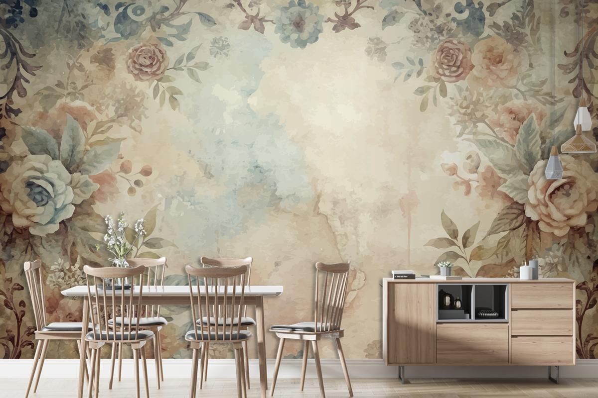 Watercolor Frame Background Of Flowers Living Room Wallpaper Mural