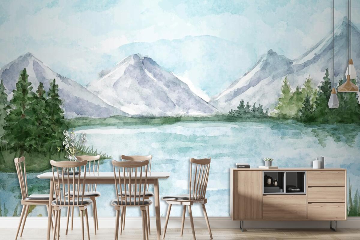 Watercolor Lake Scenery Living Room Wallpaper Mural