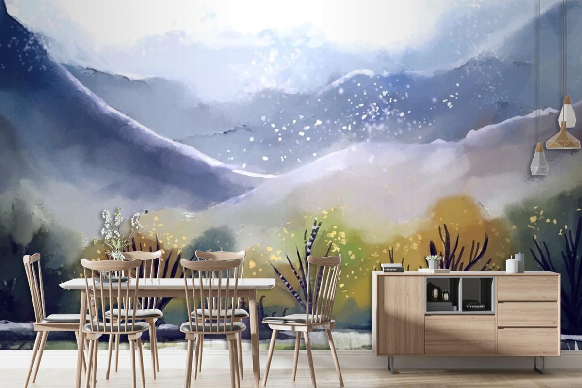 Watercolor Mountain Landscape Living Room Wallpaper Mural